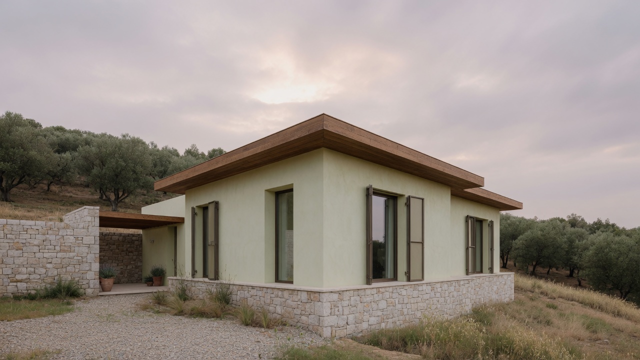 Zeytinlik eğiminde kireç sıvalı villa ve taş taban